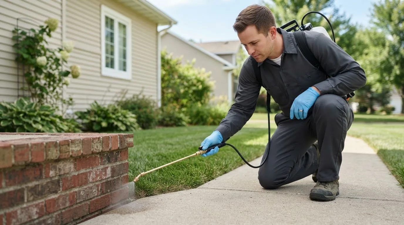 Pest control technician treating a home near Beeville, TX