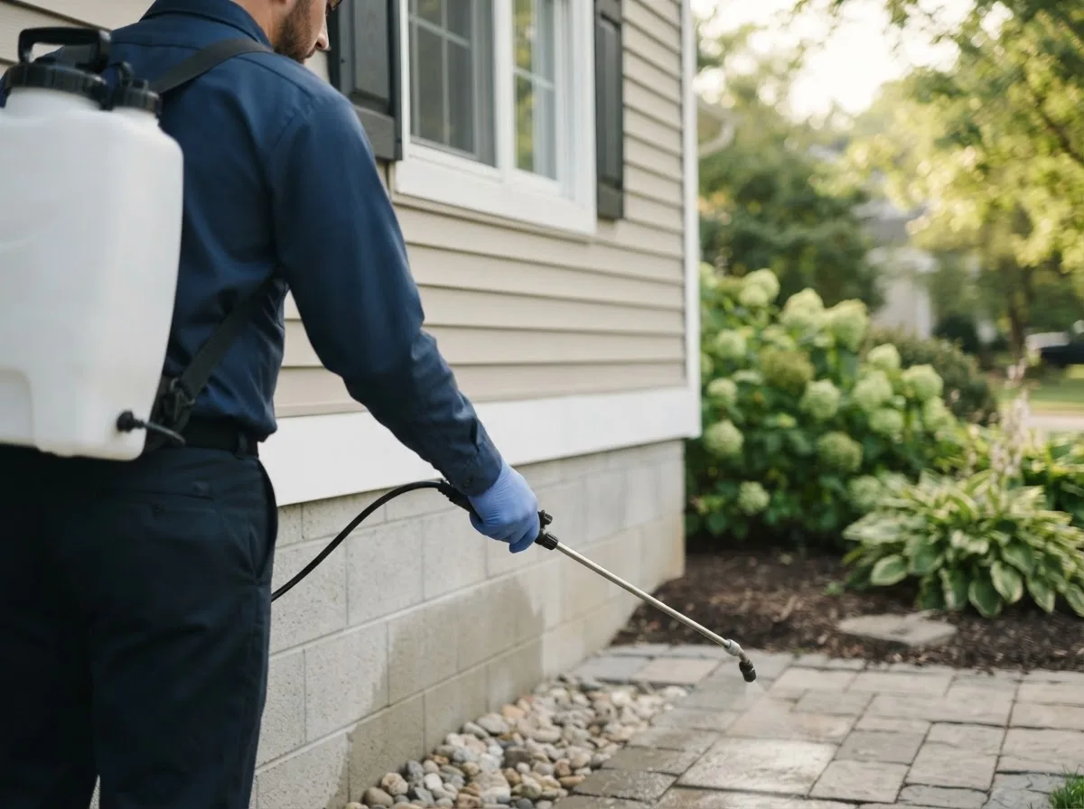 Pest control technician inspecting a home in Beeville, TX